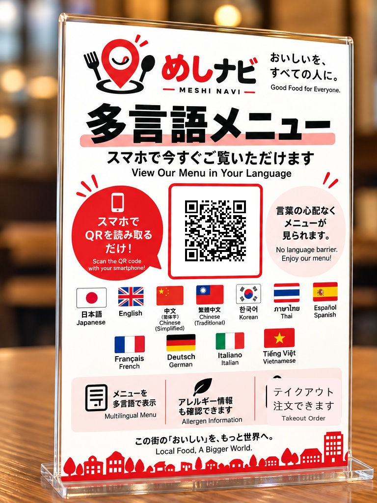 飲食店のテーブルに設置した多言語メニュー卓上POP